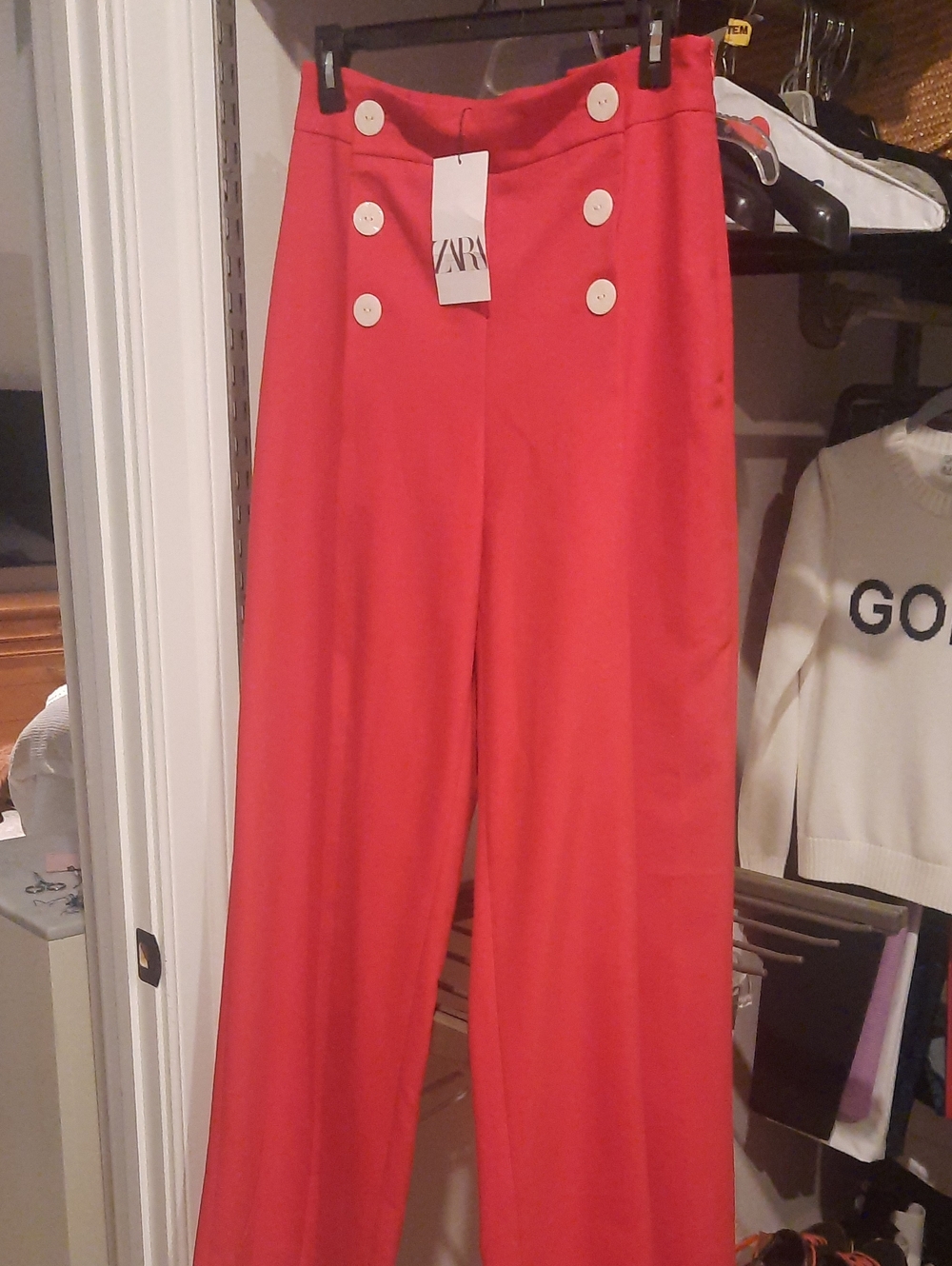 Zara Red High-Waist Wide-Leg Pants with Contrast Buttons